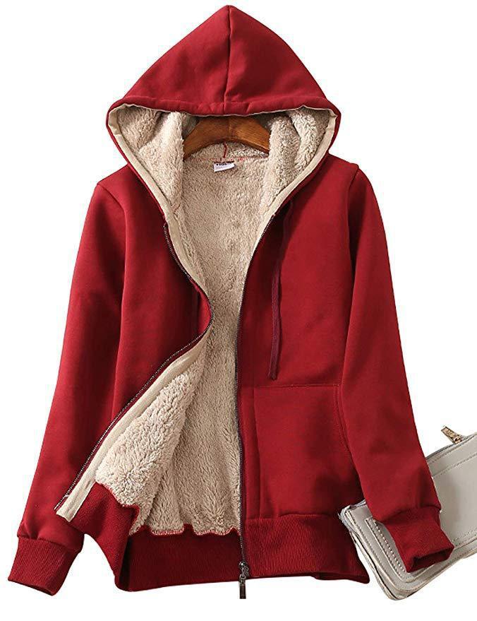 Hoodie for Ladies Winter Fleece Sweatshirt-Full Zipper Thick Sherpa Lining JAC210105001Sred red / S