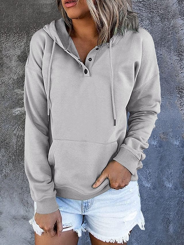 Hoodie Pullover Button Up Hoodie Casual Wine Red Black Blue Solid Color Plain Casual Hooded Long Sleeve for Women Tops23JUN26162416SizeS Gray / S