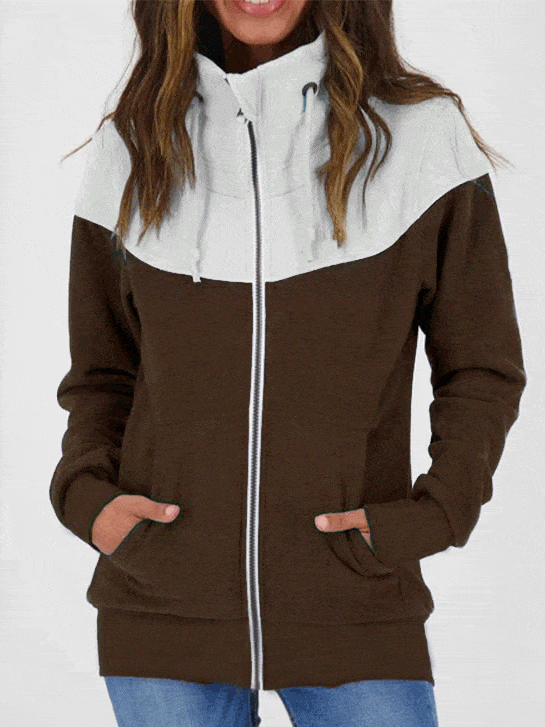 Hoodies Colorblock Turtleneck Zip Pocket Long Sleeve Hoodies for Women HOO2209131366DCOFS Dark_Coffee / S