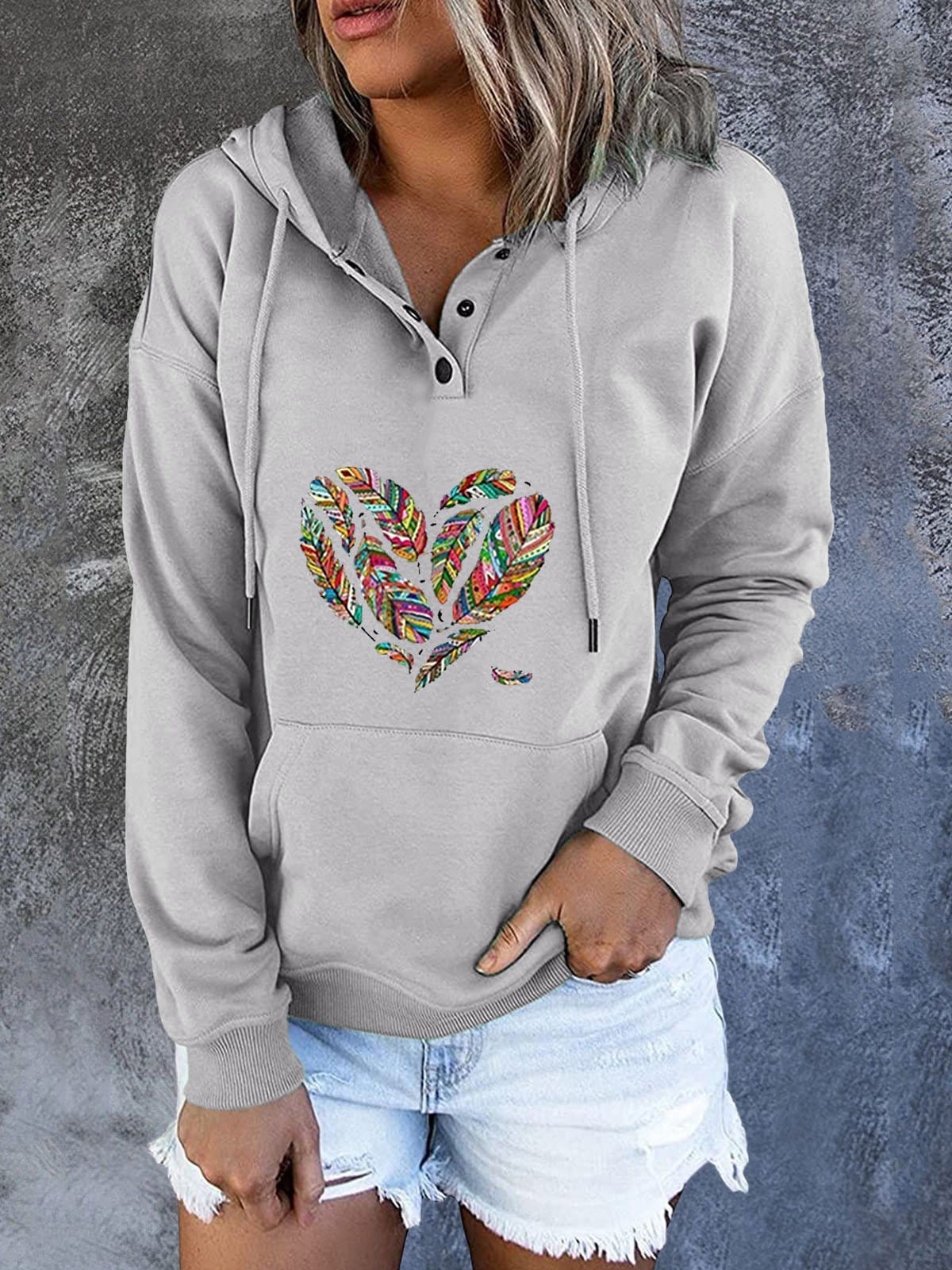 Hoodies Feather Heart Drawstring Pocket Long Sleeve Hoody for Women