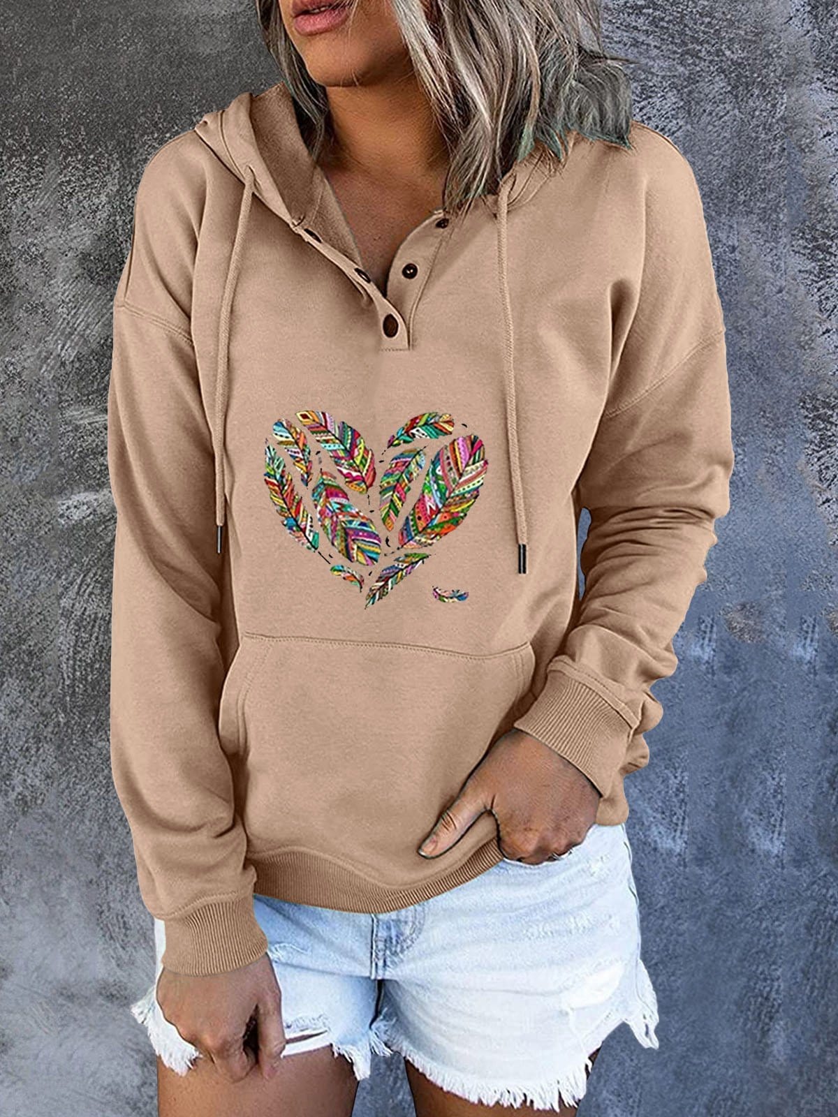 Hoodies Feather Heart Drawstring Pocket Long Sleeve Hoody for Women