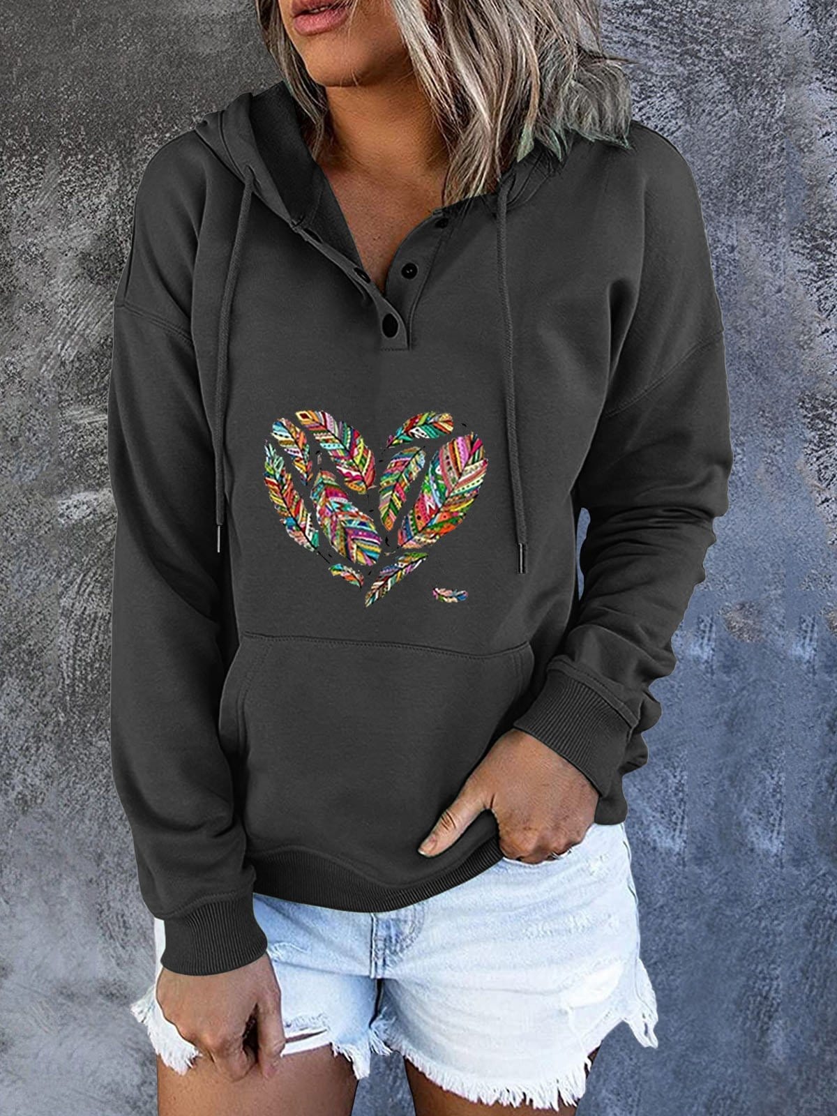 Hoodies Feather Heart Drawstring Pocket Long Sleeve Hoody for Women