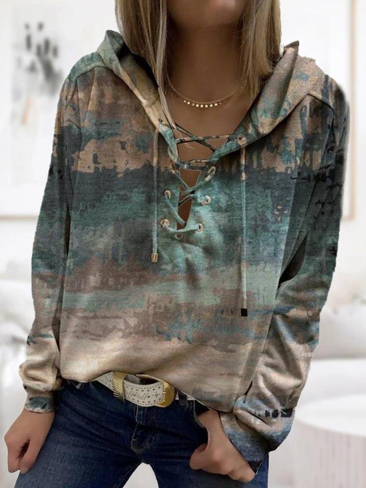 Hoodies Ink Print Long Sleeve Cross-Tie Hoody for Women