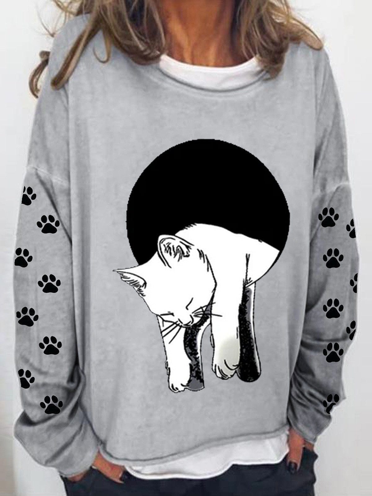 MsDressly Hoodies Long Sleeve Cat Printed Sweatshirt HOO221230002GRYS