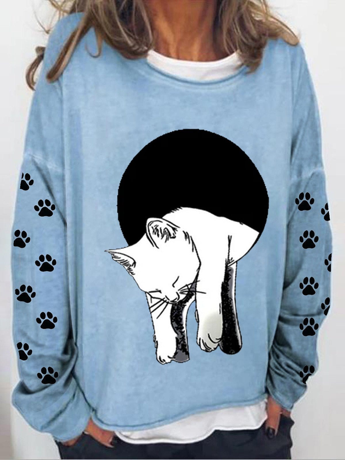 MsDressly Hoodies Long Sleeve Cat Printed Sweatshirt HOO221230002LBLUS