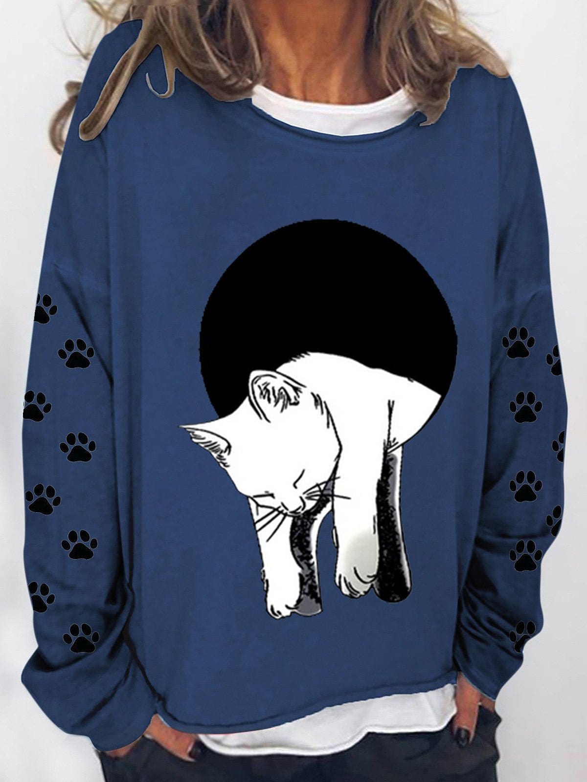 MsDressly Hoodies Long Sleeve Cat Printed Sweatshirt HOO221230002NBLUS