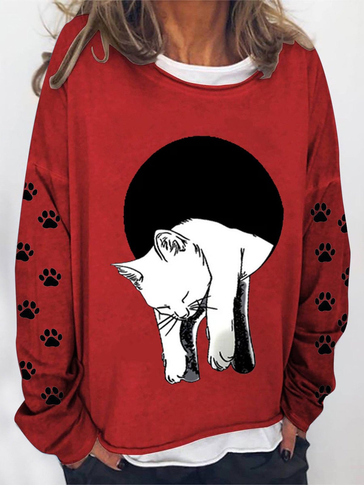 MsDressly Hoodies Long Sleeve Cat Printed Sweatshirt HOO221230002REDS