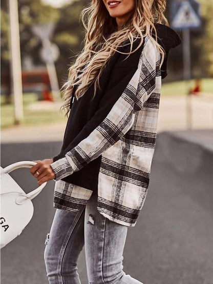 Hoodies Plaid Paneled Pullover Long Sleeve Hoody for Women