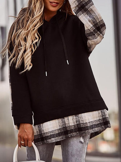 Hoodies Plaid Paneled Pullover Long Sleeve Hoody for Women HOO2111031232BLAS Black / S