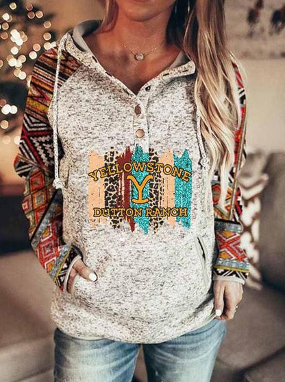 Hoodies Printed Button Pocket Long Sleeve Hoodie for Women