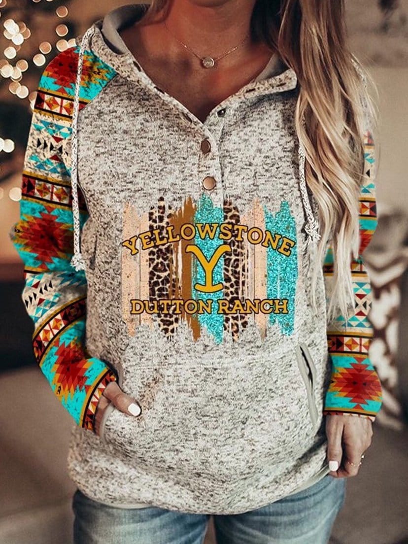 Hoodies Printed Button Pocket Long Sleeve Hoodie for Women