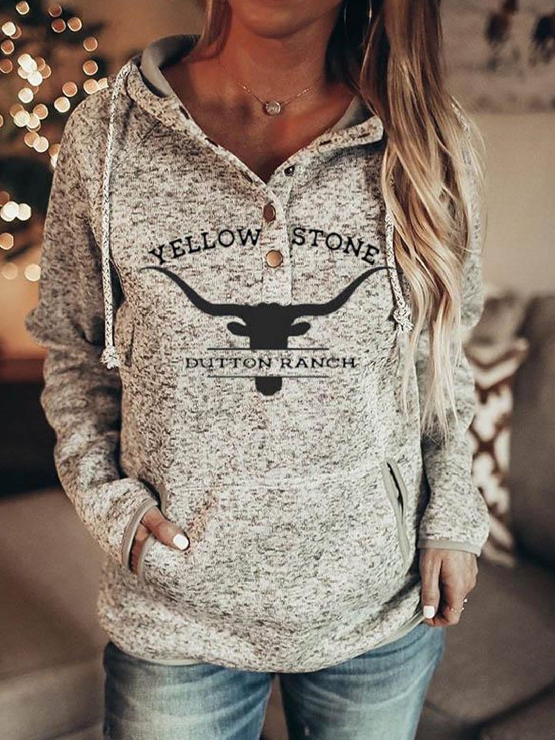 Hoodies Printed Button Pocket Long Sleeve Hoodie for Women