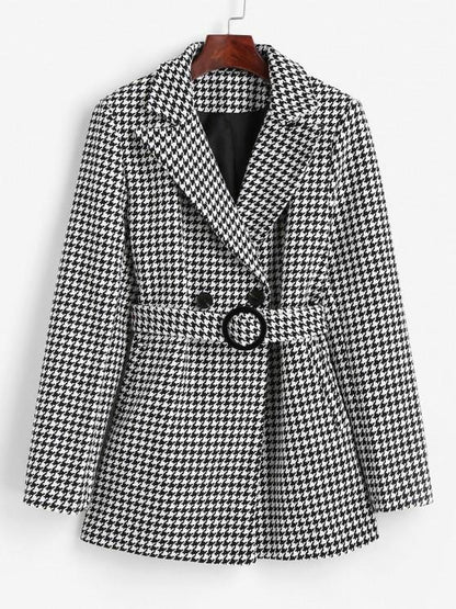 Houndstooth Belted Pocket Tweed Blazer for Women