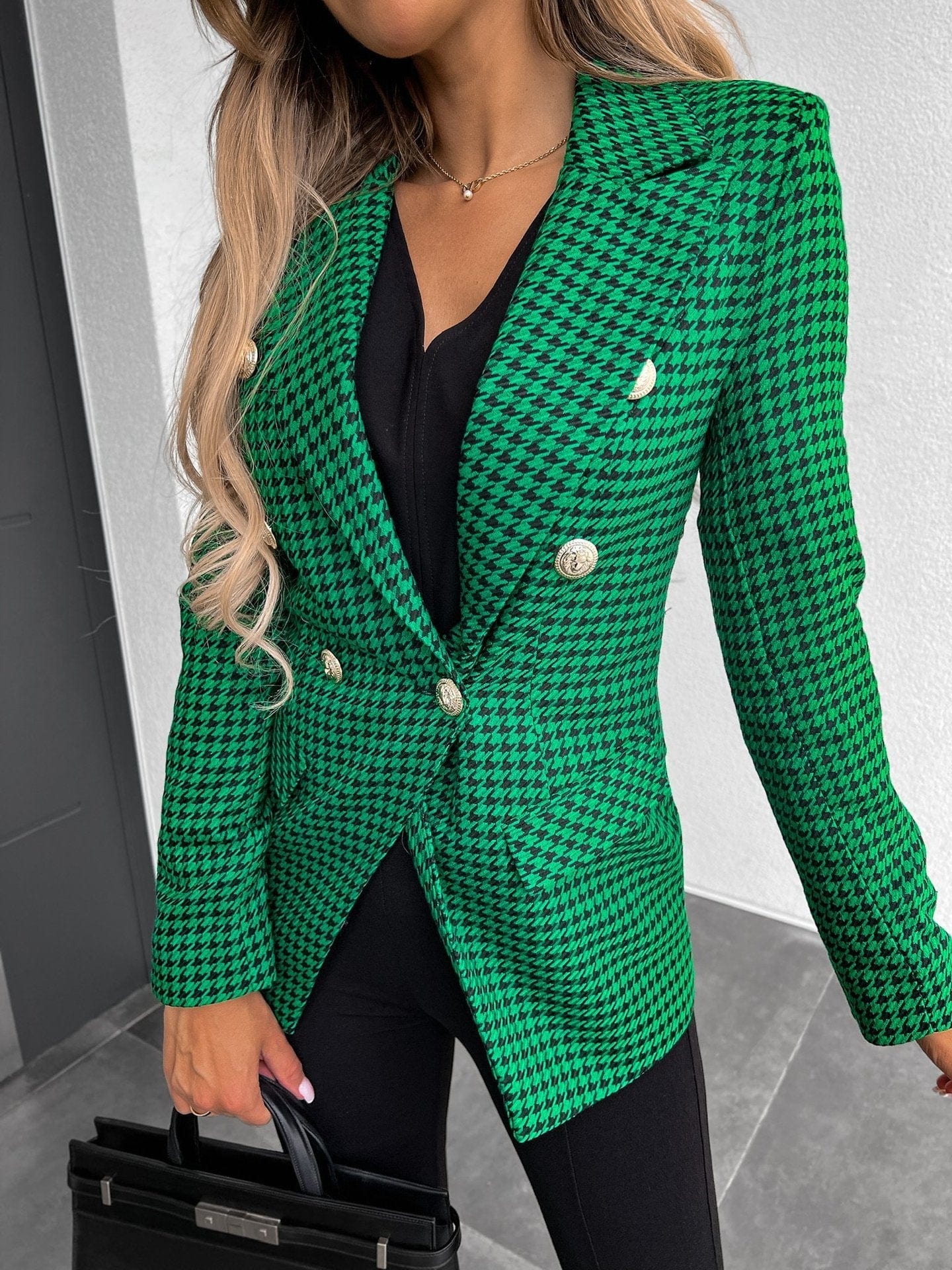 Houndstooth Lapel Double Breasted Long Sleeve Blazers BLA2208191220GRES Green / 2 (S)