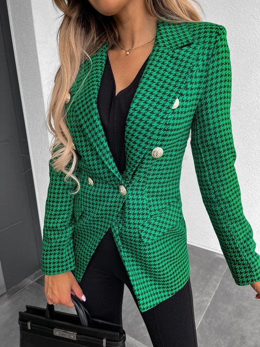 Houndstooth Lapel Double Breasted Long Sleeve Blazers cc4BLA2208191220GRES Green / 2 (S)