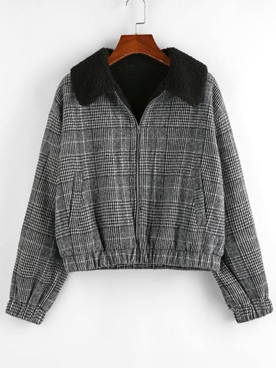 Houndstooth Plaid Teddy Lined Drop Shoulder Jacket for Women