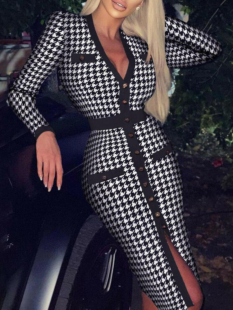 Houndstooth/Rhombus Print Long-sleeved V-neck Button Bodycon Dress DRE2107161945BLAS Black / S