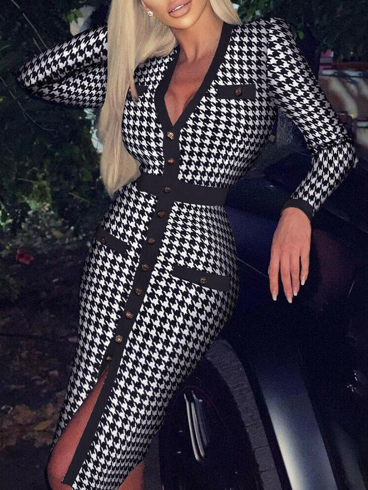 Houndstooth/Rhombus Print Long-sleeved V-neck Button Bodycon Dress