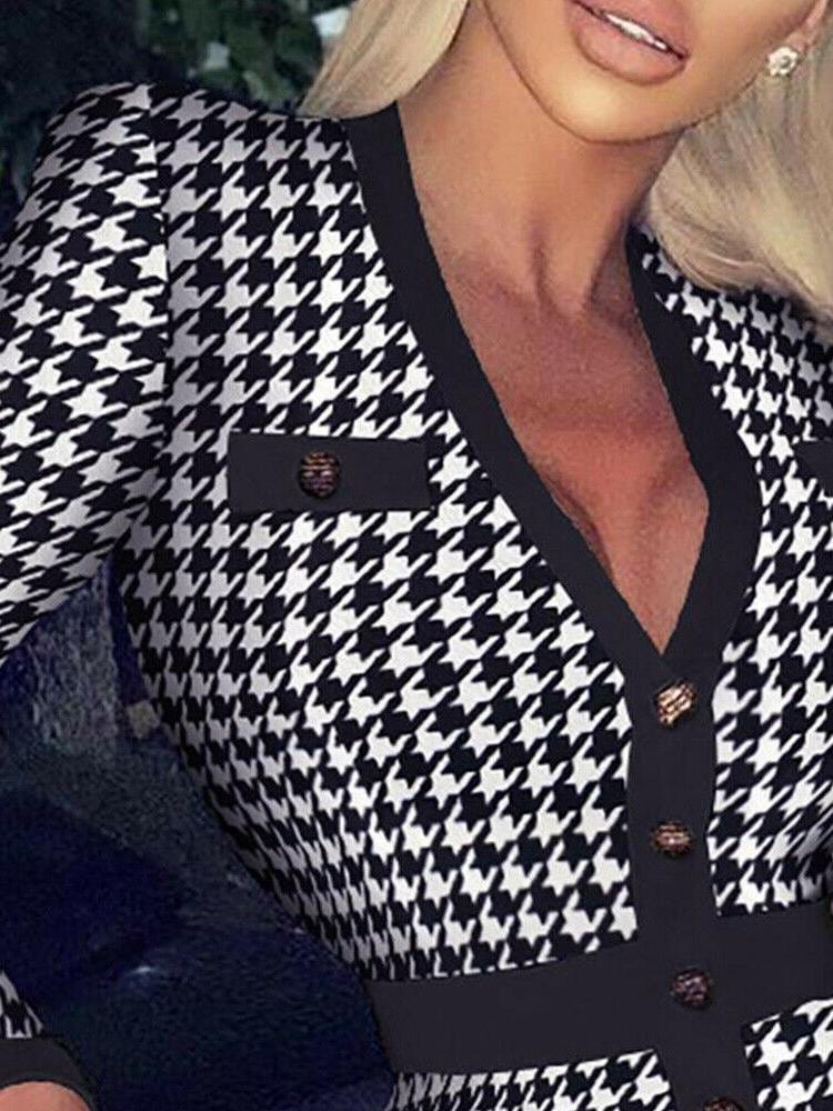 Houndstooth/Rhombus Print Long-sleeved V-neck Button Bodycon Dress