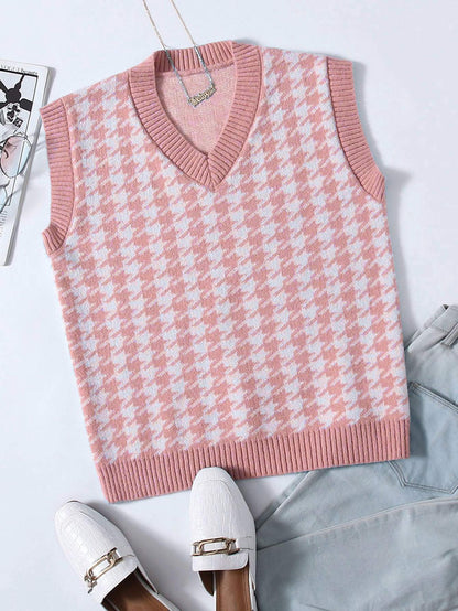 Houndstooth V-Neck Sweater Vest SWE210312286DUPINS S / Dusty Pink