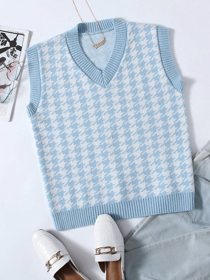 Houndstooth V-Neck Sweater Vest SWE210312286BLWHIS S / Blue and White