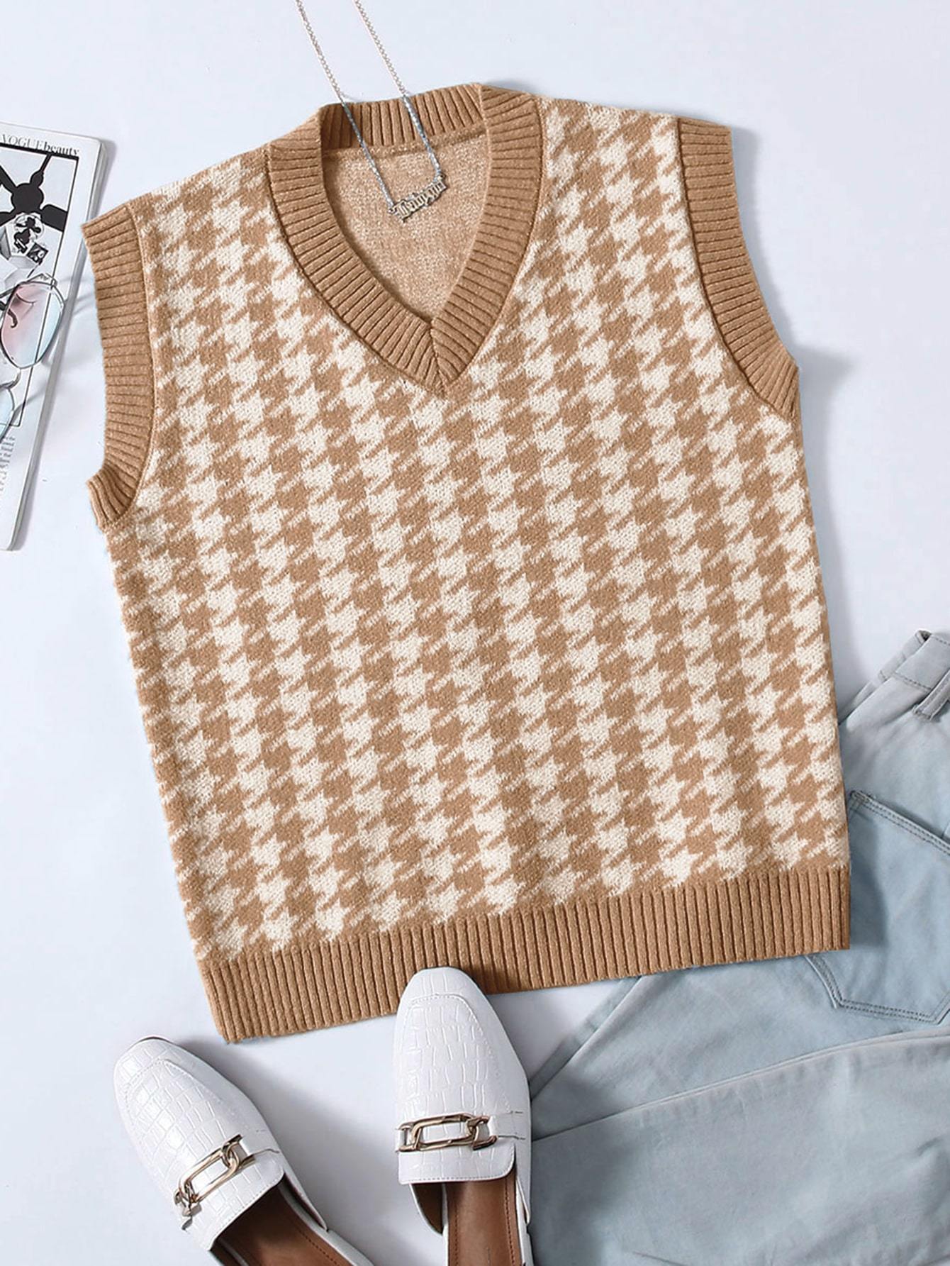 Houndstooth V-Neck Sweater Vest SWE210312286BLWHIM0315 S / Camel