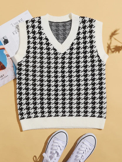 Houndstooth V-Neck Sweater Vest SWE210312286WHIS S / White