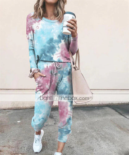 Women's Sweatshirt Tracksuit Pants Sets Tie Dye Black Yellow Pink Drawstring Long Sleeve Casual Daily Daily Wear Ladies Basic Round Neck Loose Fit Fall & Winter