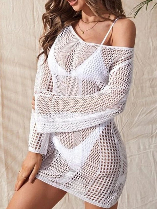 Women's Swimwear Cover Up Normal Swimsuit Knitted Solid Color Black White Beige Bathing Suits Sexy Beach Wear Holiday