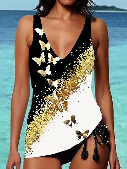 Women's Swimwear 2 Piece Normal Swimsuit Color Block Butterfly Golden Black Padded Strap Bathing Suits Sports Vacation Sexy
