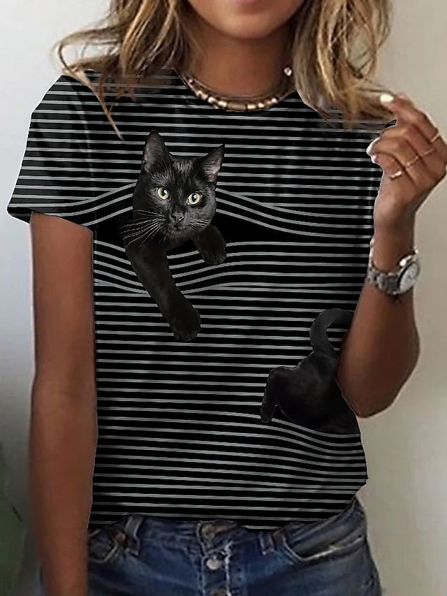 Women's T shirt Tee Black White Light Grey Graphic Cat Print Short Sleeve Casual Daily Cute Vintage Round Neck Regular 3D Cat S - LuckyFash™