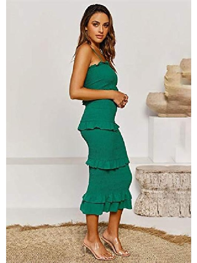 Women's Party Dress Sheath Dress Emerald Green Dress Midi Dress Black White Pink Sleeveless Pure Color Ruched Summer Spring Strap Fashion Party Vacation Summer Dress Slim 2022 S M L XL - LuckyFash™