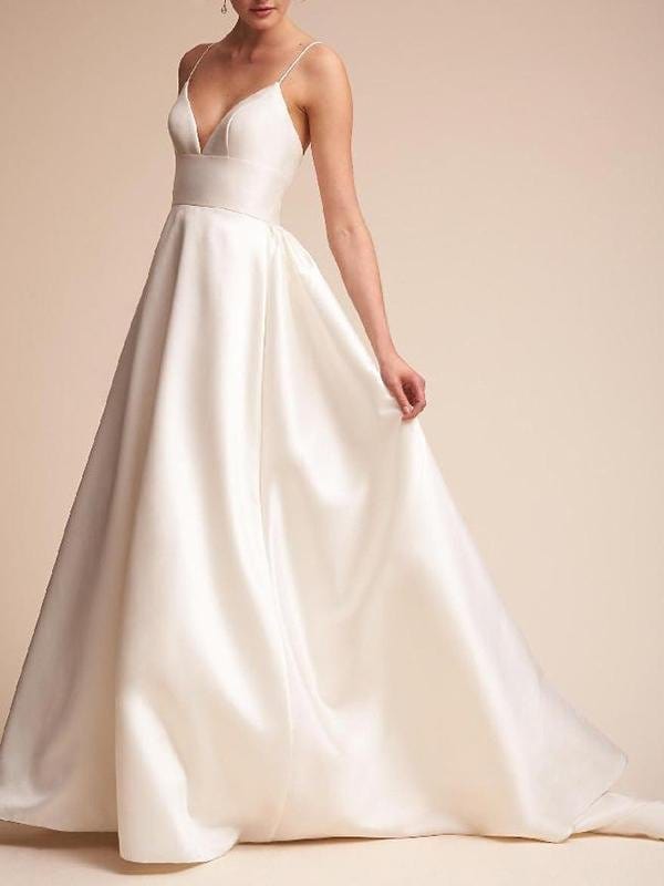 Illusion Deep-V Spaghetti Strap Wedding Dress for Women