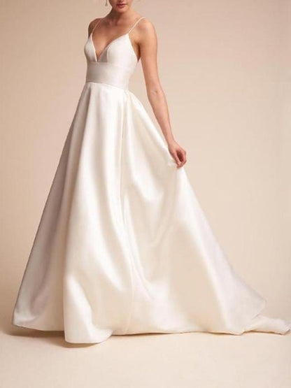 Illusion Deep-V Spaghetti Strap Wedding Dress for Women