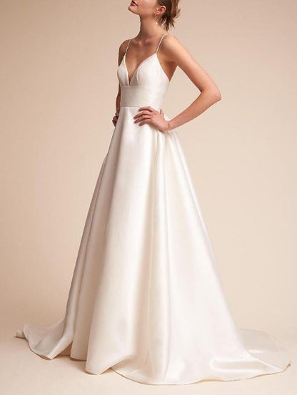 Illusion Deep-V Spaghetti Strap Wedding Dress for Women