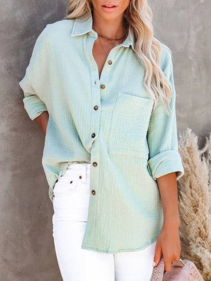 Simple Long Sleeve V-Neck Button Blouses