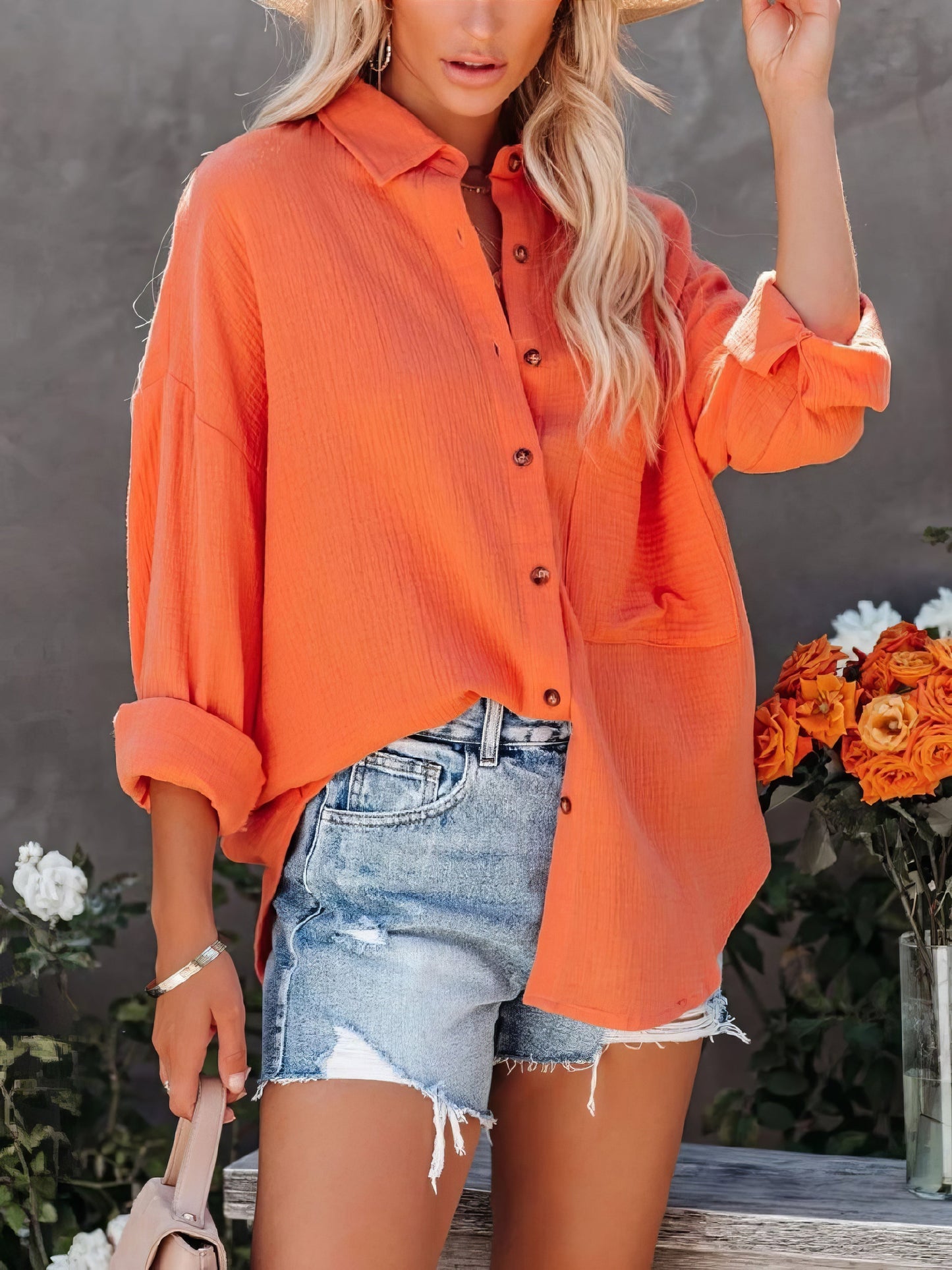 Simple Long Sleeve V-Neck Button Blouses