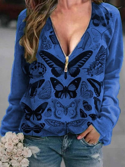 V-Neck Butterfly Print Zipper Long Sleeve T-Shirt