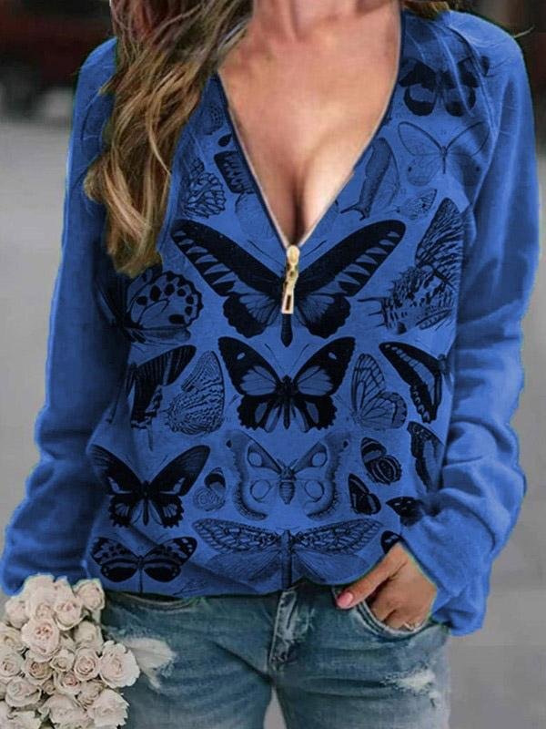 T-Shirts - V-Neck Butterfly Print Zipper Long Sleeve T-Shirt - MsDressly