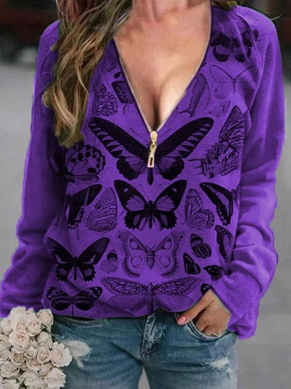 T-Shirts - V-Neck Butterfly Print Zipper Long Sleeve T-Shirt - MsDressly