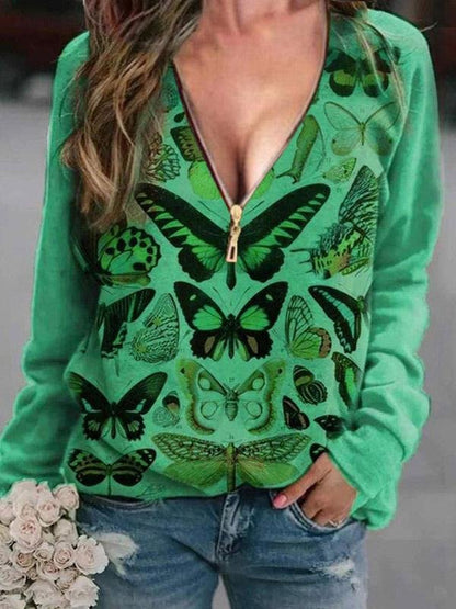 T-Shirts - V-Neck Butterfly Print Zipper Long Sleeve T-Shirt - MsDressly