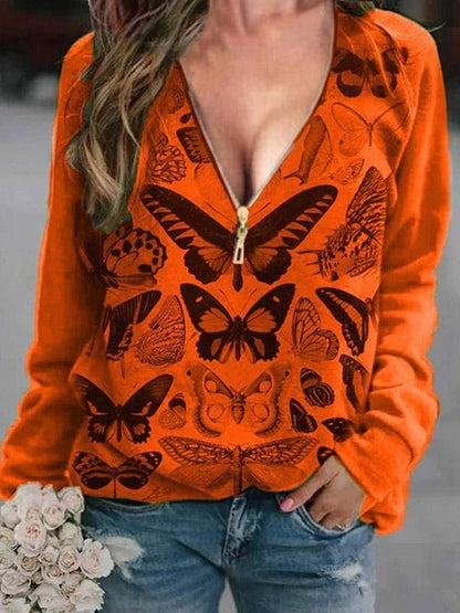 T-Shirts - V-Neck Butterfly Print Zipper Long Sleeve T-Shirt - MsDressly