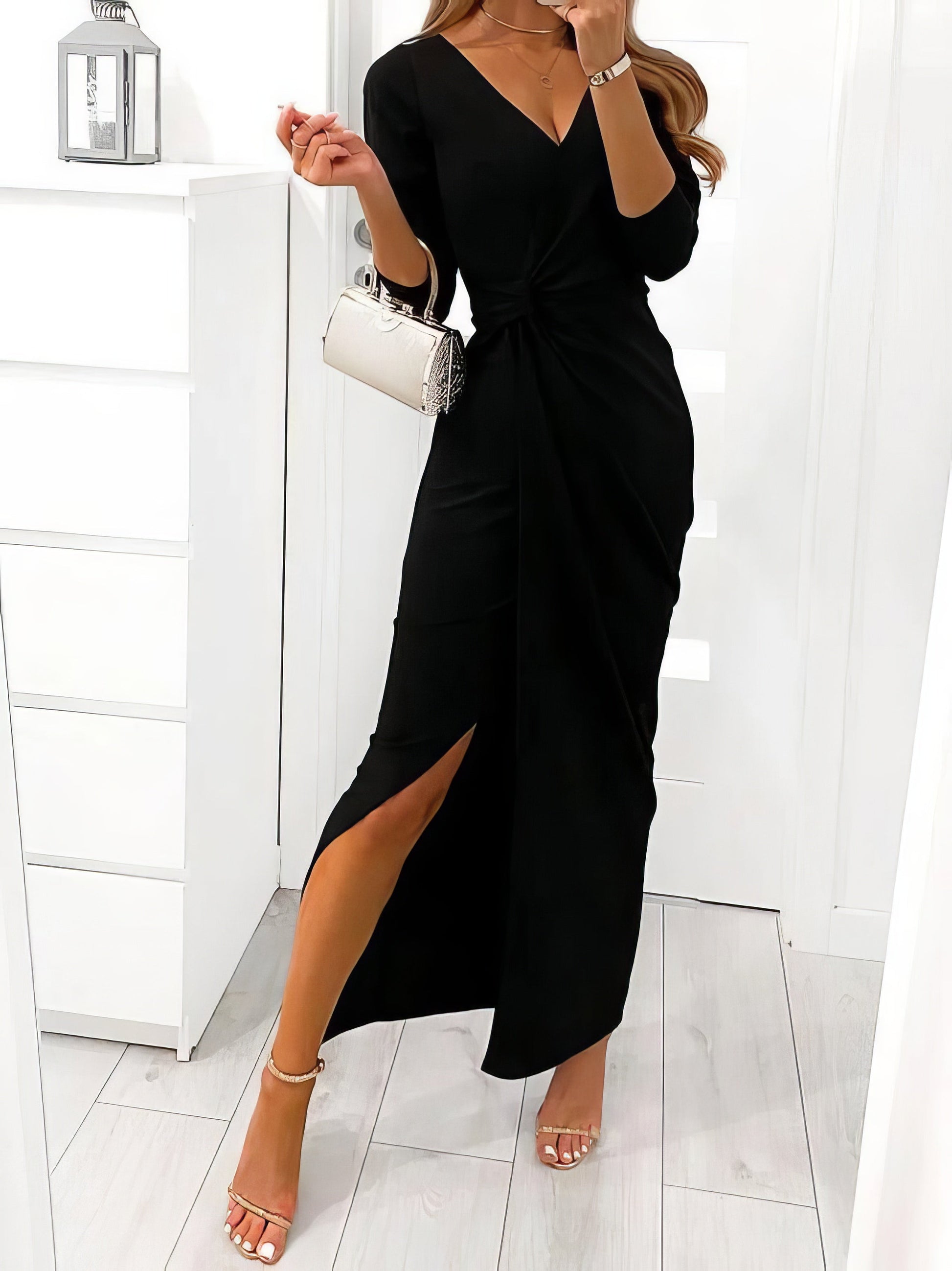 Maxi Dresses - V-Neck Long Sleeve Split Evening Dress - MsDressly