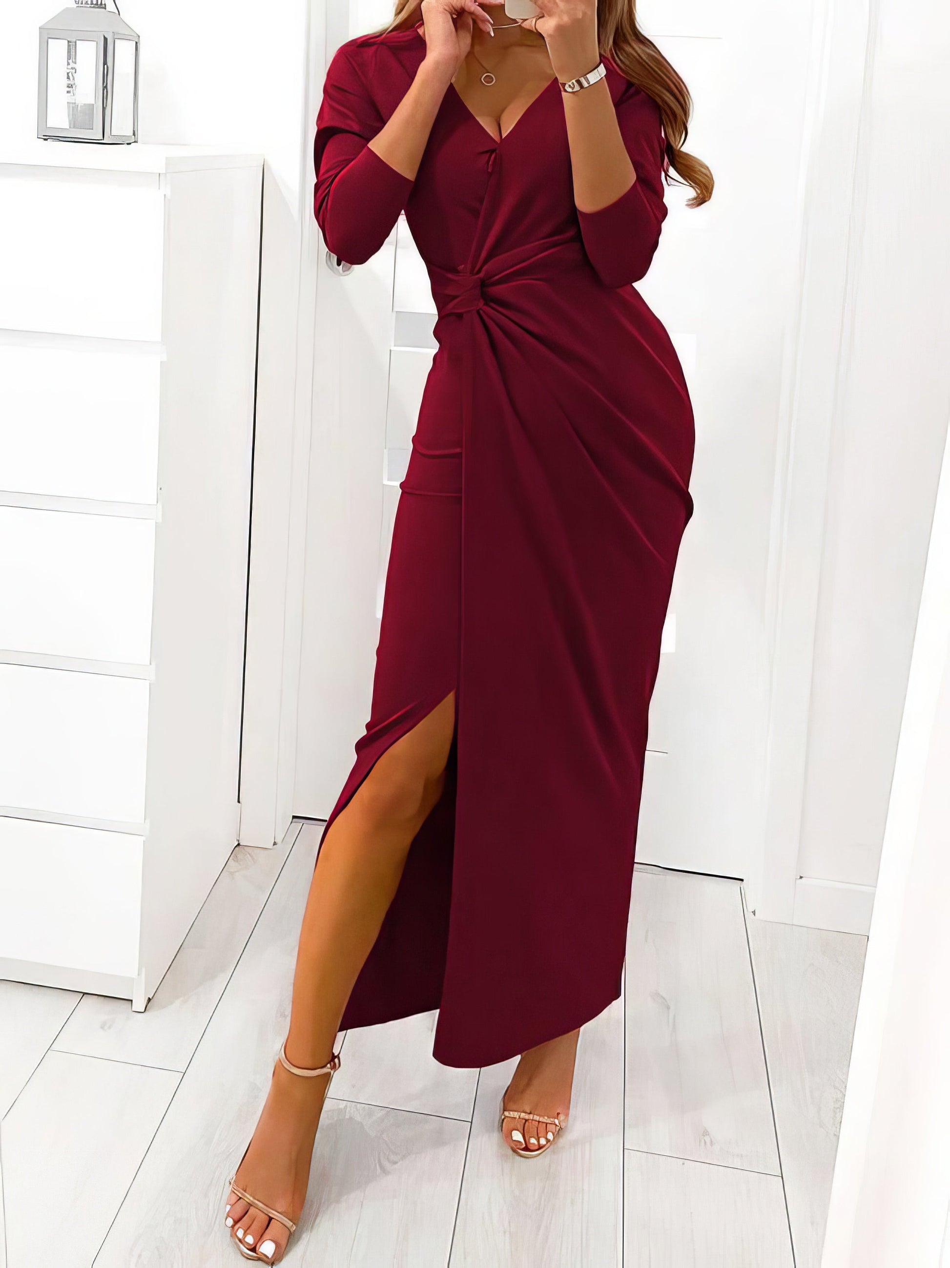 Maxi Dresses - V-Neck Long Sleeve Split Evening Dress - MsDressly