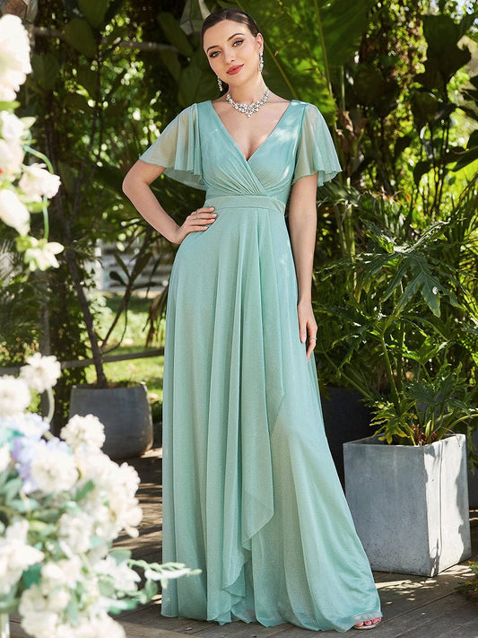Wholesale Bridesmaid Dresses with V Neck and Short Ruffles Sleeves EE0116BMG04 Mint Green / 4