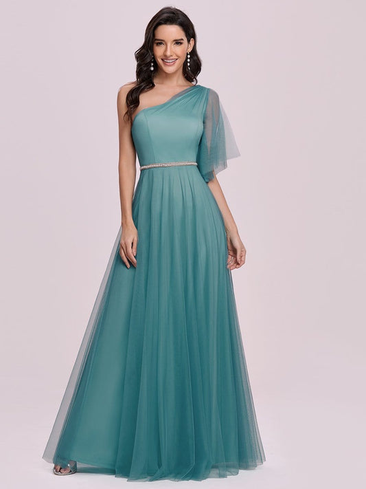Wholesale Fashion Maxi One Shoulder Tulle Bridesmaid Dress ES00295DB04 Dusty blue / 4