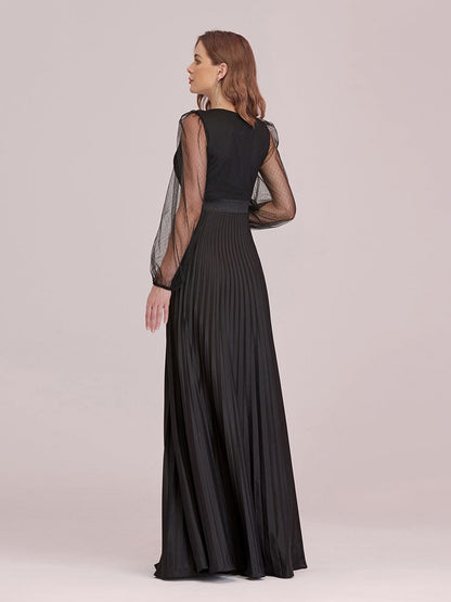 Wholesale Maxi Pleated Evening Dress with See Through Long Sleeves