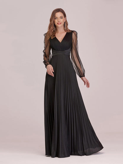 Wholesale Maxi Pleated Evening Dress with See Through Long Sleeves