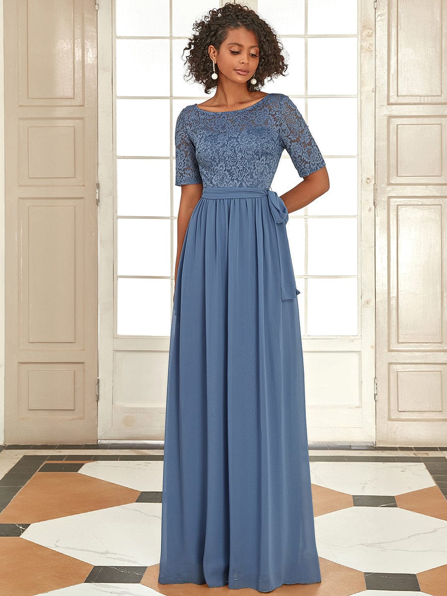 Women's Elegant Lace & Chiffon Wholesale Maxi Evening Dress with Belt EZ07624DN04 Dusty Navy / 4