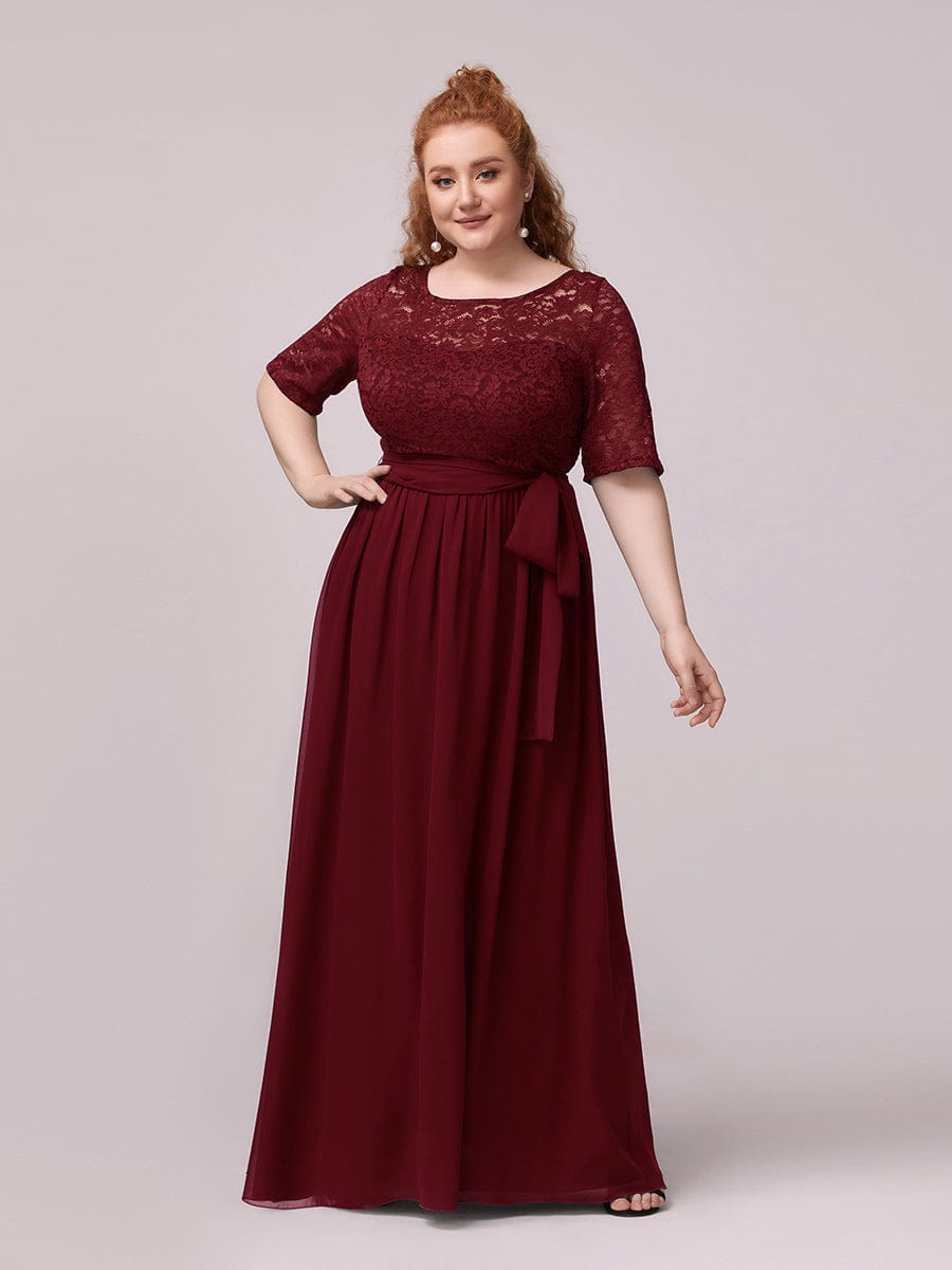 Women's Elegant Lace & Chiffon Wholesale Maxi Evening Dress with Belt EZ07624BD16 Burgundy / 16
